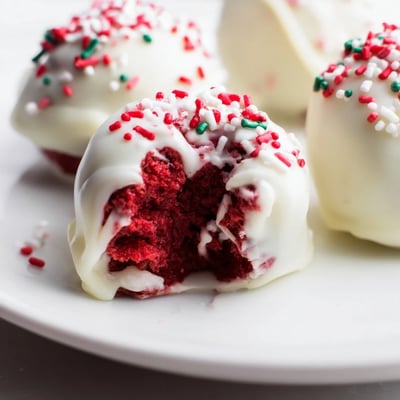 Creamy red velvet cheesecake truffles on a white plate garnished with cake crumbs