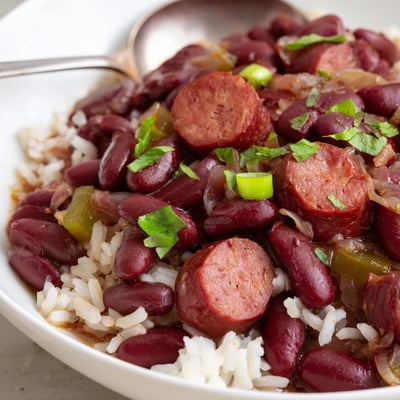 Hearty Red Beans and Rice served hot with sliced Andouille and scallions  